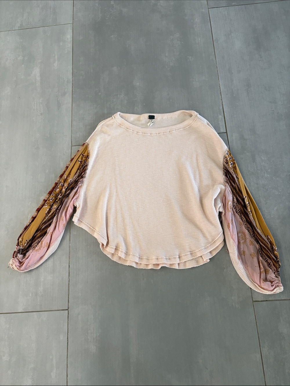 Free People Blush Waffle-Knit Top with Patterned Balloon Sleeves